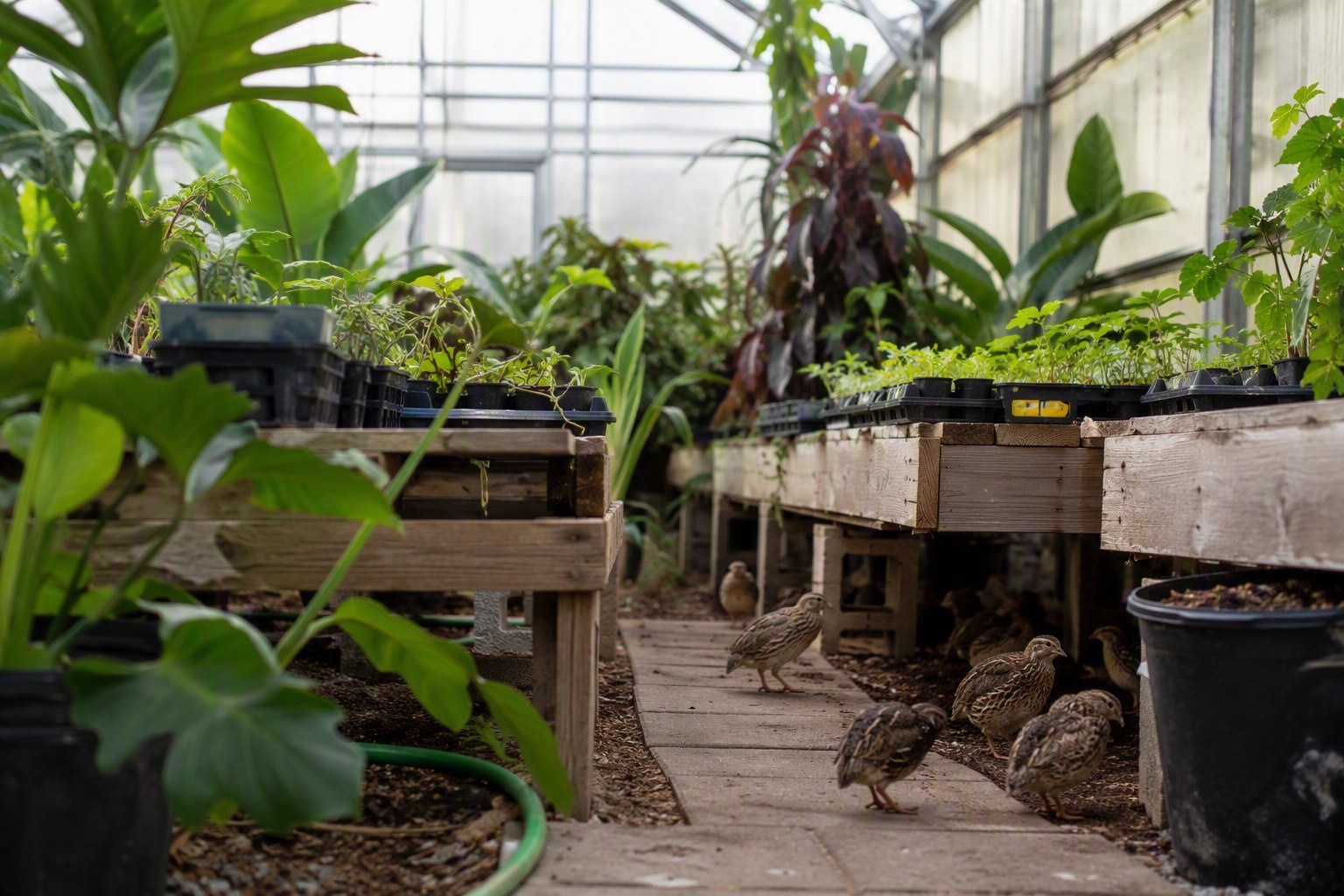 Coturnix quail beneath greenhouse benches surrounded by tropical plants, herbs, and seedlings.