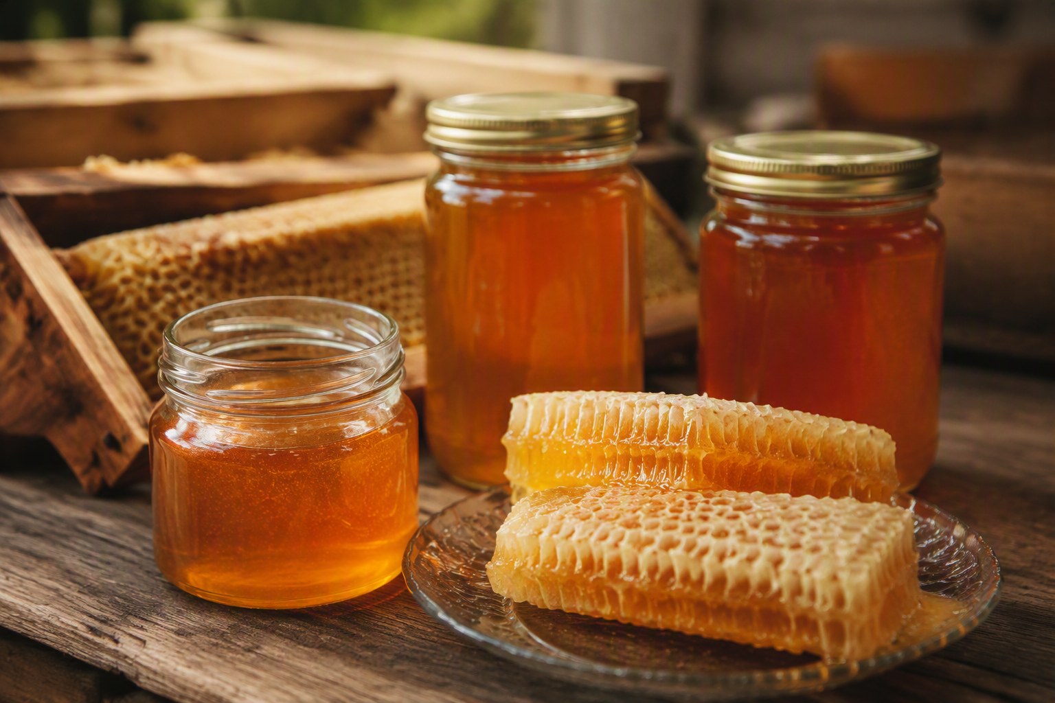 Jars of golden honey with honeycomb and wooden hive frames.
